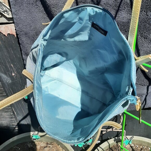 LANCOME  Turquoise/Gold Shoulder Tote Bag LARGE 19"X 16” Adjustable/Lined Logo - Picture 6 of 9